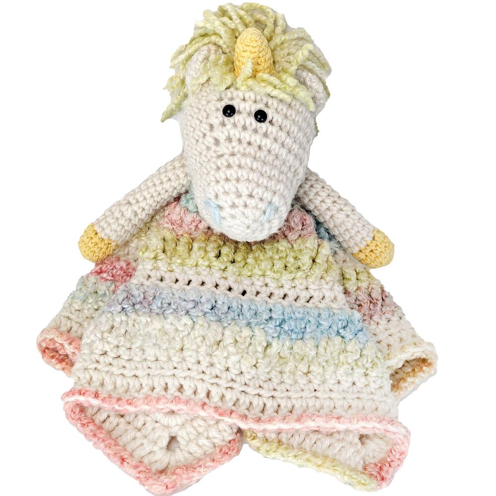 Crochet Unicorn Lovey Security Blanket Handmade Pastel Rainbow Baby Plush 16"